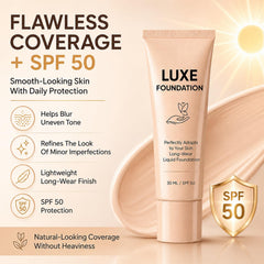 LUXE FOUNDATION poured on palm to show coverage and lightweight texture benefit