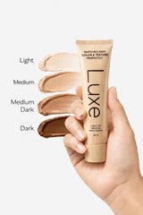 LUXE pump and label close-up highlighting ingredient list and ease