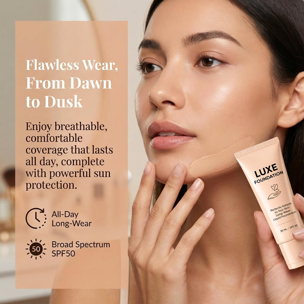 LUXE FOUNDATION 30ml bottle next to a coin showing travel-friendly size benefit