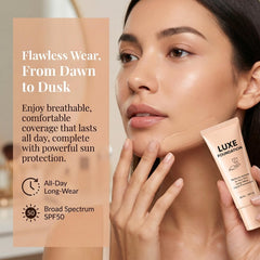 LUXE FOUNDATION 30ml bottle next to a coin showing travel-friendly size benefit