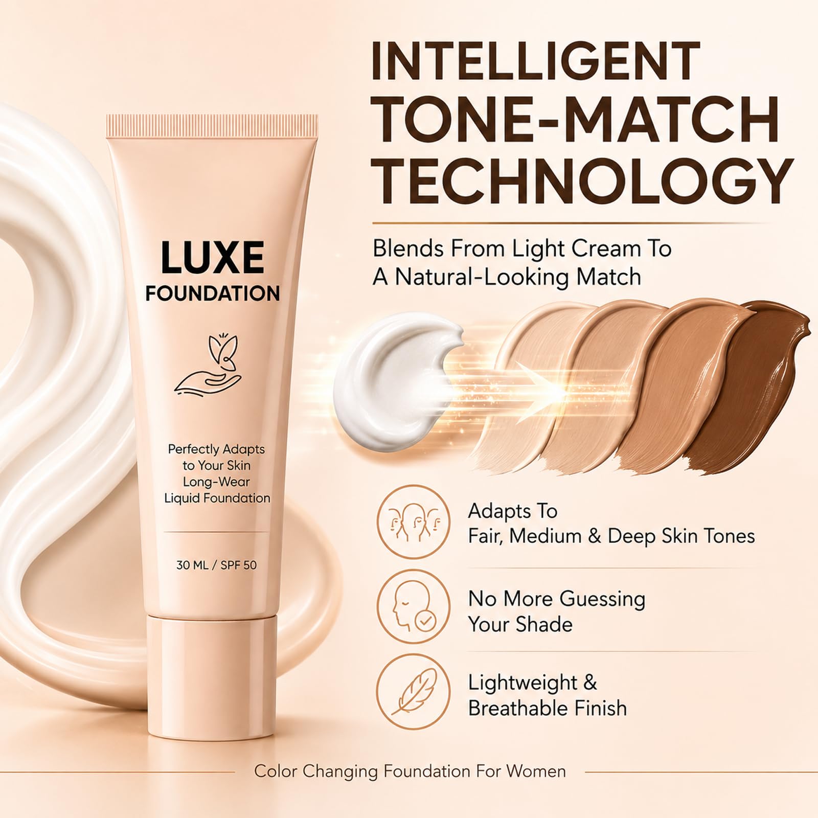 LUXE FOUNDATION beside ruler showing 30 ml size for travel-friendly convenience