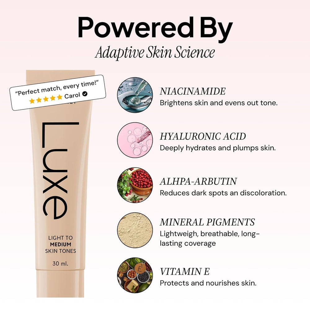 LUXE swatch on arm showing color transition and natural match benefit