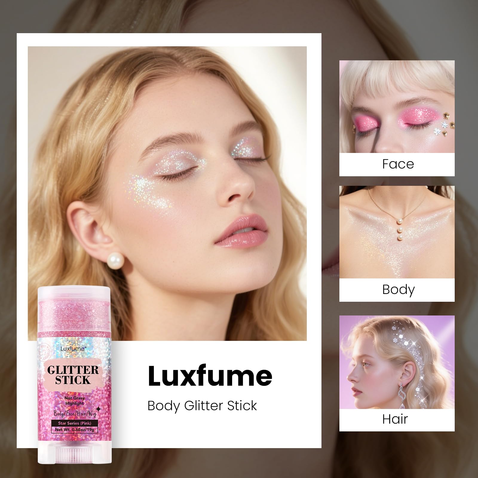 Luxfume glitter on shoulder and decolletage lifestyle showing event-ready sparkle and glow