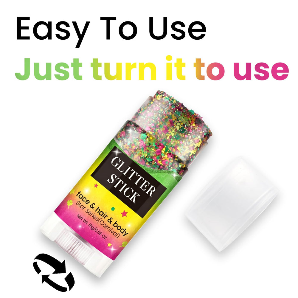 Luxfume green glitter face art in lifestyle shot showing playful event-ready style