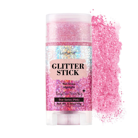 Luxfume pink glitter stick front view showing compact packaging and easy portability