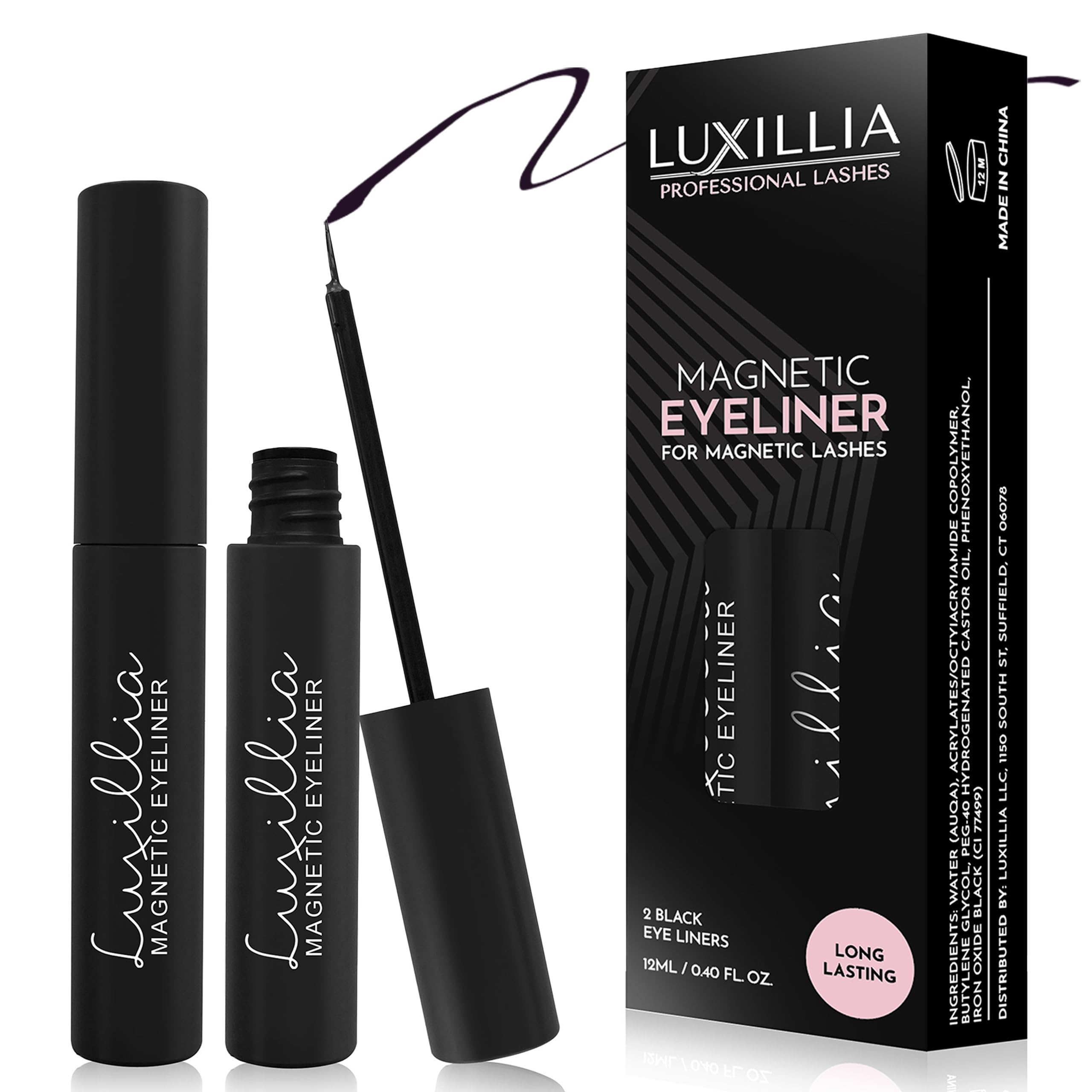 Luxillia front packaging showing sleek dual-pack and bold black liner benefit long wear