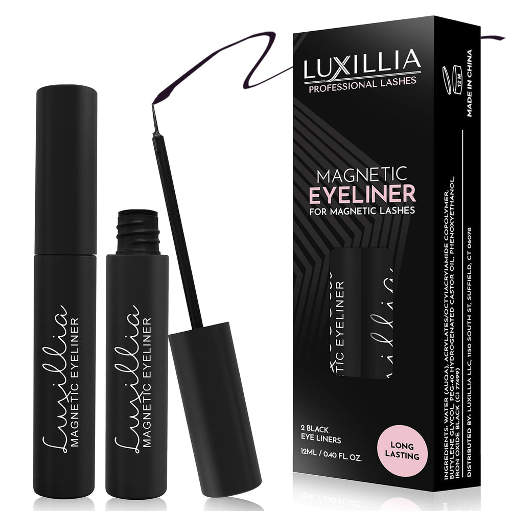 Luxillia front packaging showing sleek dual-pack and bold black liner benefit long wear