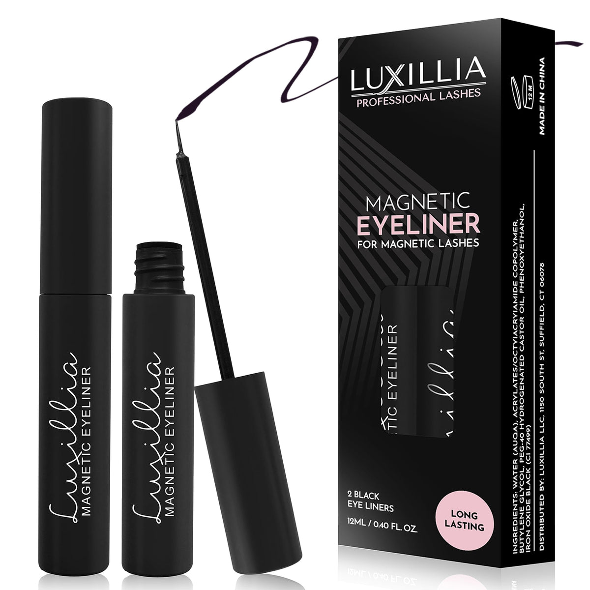 Luxillia front packaging showing sleek dual-pack and bold black liner benefit long wear