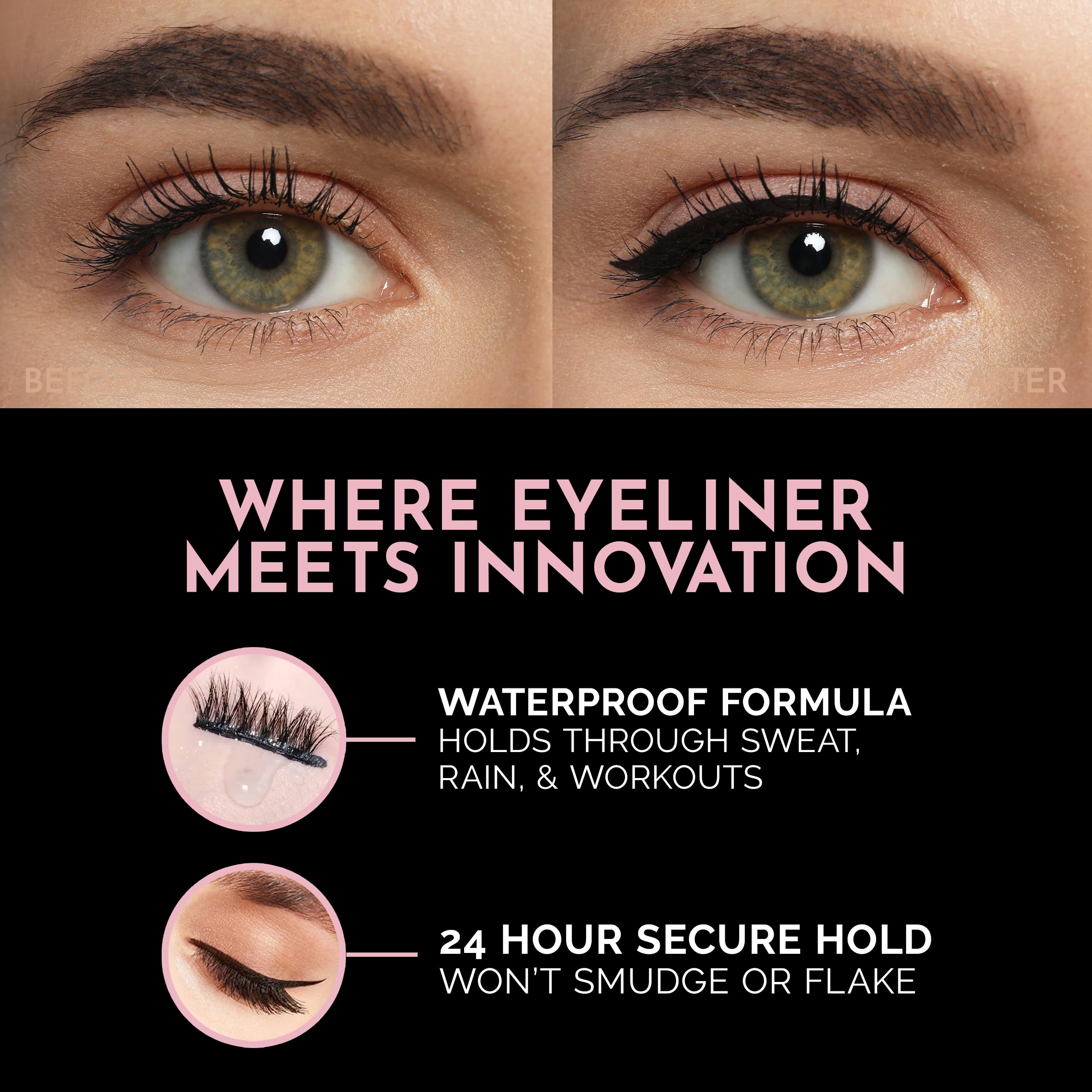 Luxillia winged eyeliner lifestyle image showing dramatic look and waterproof performance benefit