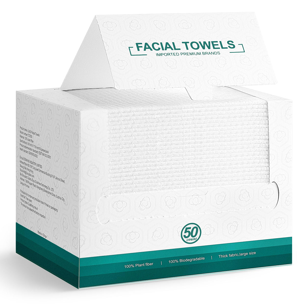 LUXU front packaging showing 50-count and dimensions, convenient for travel
