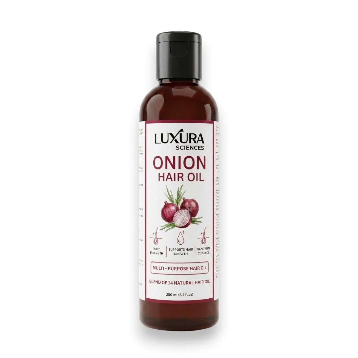 Luxura Sciences front packaging highlighting organic onion oil benefits and volume