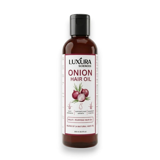 Luxura Sciences front packaging highlighting organic onion oil benefits and volume