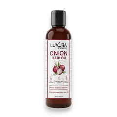 Luxura Sciences front packaging highlighting organic onion oil benefits and volume