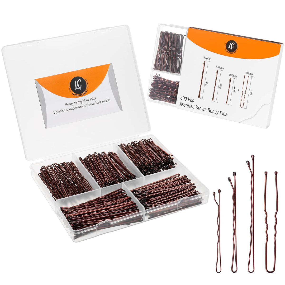 Luxurecourt front packaging showing 300-count brown bobby pins and storage case for convenience