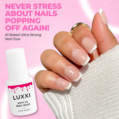 LUXXI securing nail tip detail showing strong bond for long wear