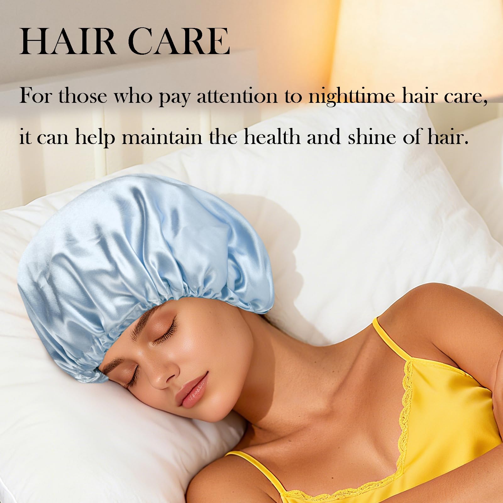 Luyfrsuu bonnet on model sleeping showing hair protection and comfy fit