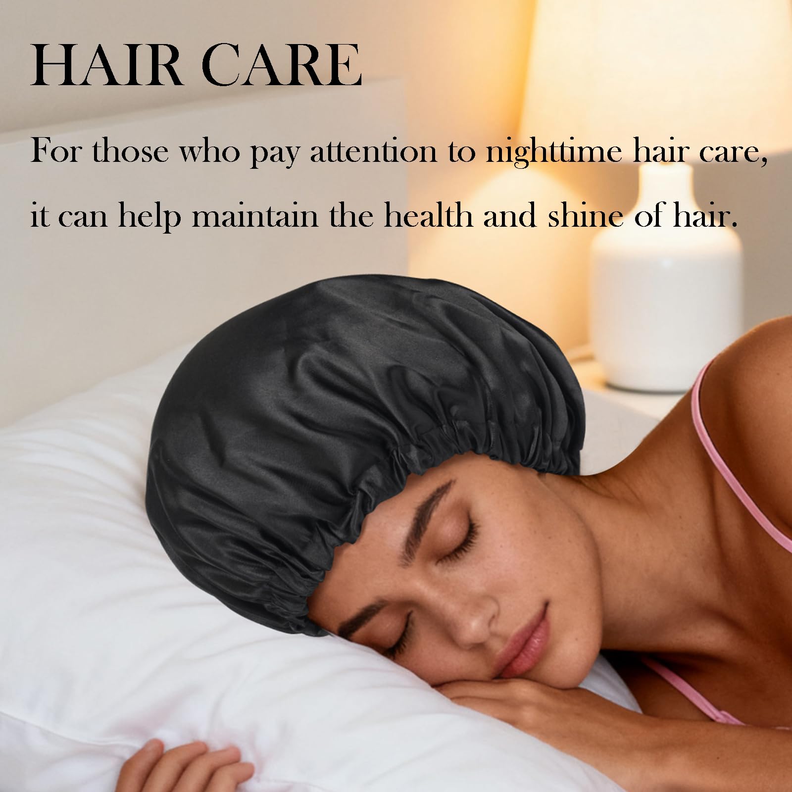 Luyfrsuu bonnet on model sleeping demonstrating curl preservation and comfortable wear