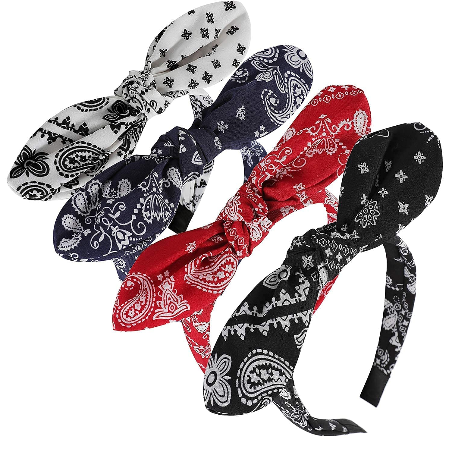 Lvyeer front view of four paisley bow headbands showing colors and pattern, easy styling benefit