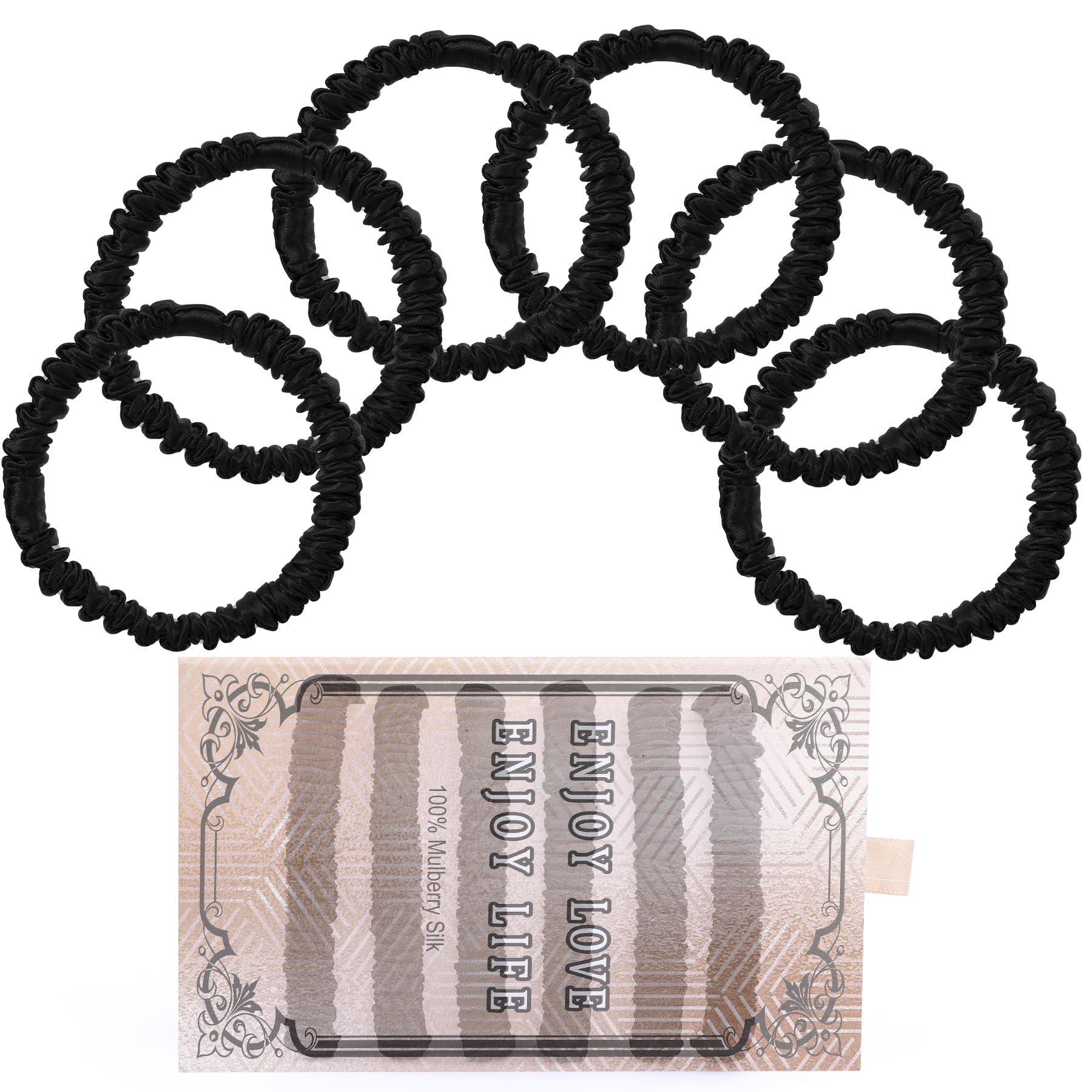 Lwoeo boxed set of six silk scrunchies showing neat presentation and gift-ready quality
