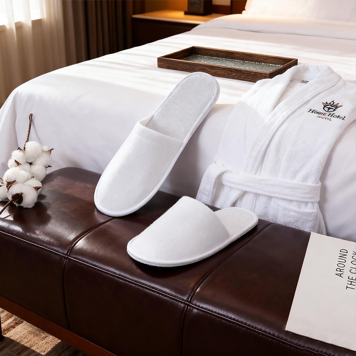 LYARCHTE slipper in hotel room demonstrating ready-to-use guest amenity