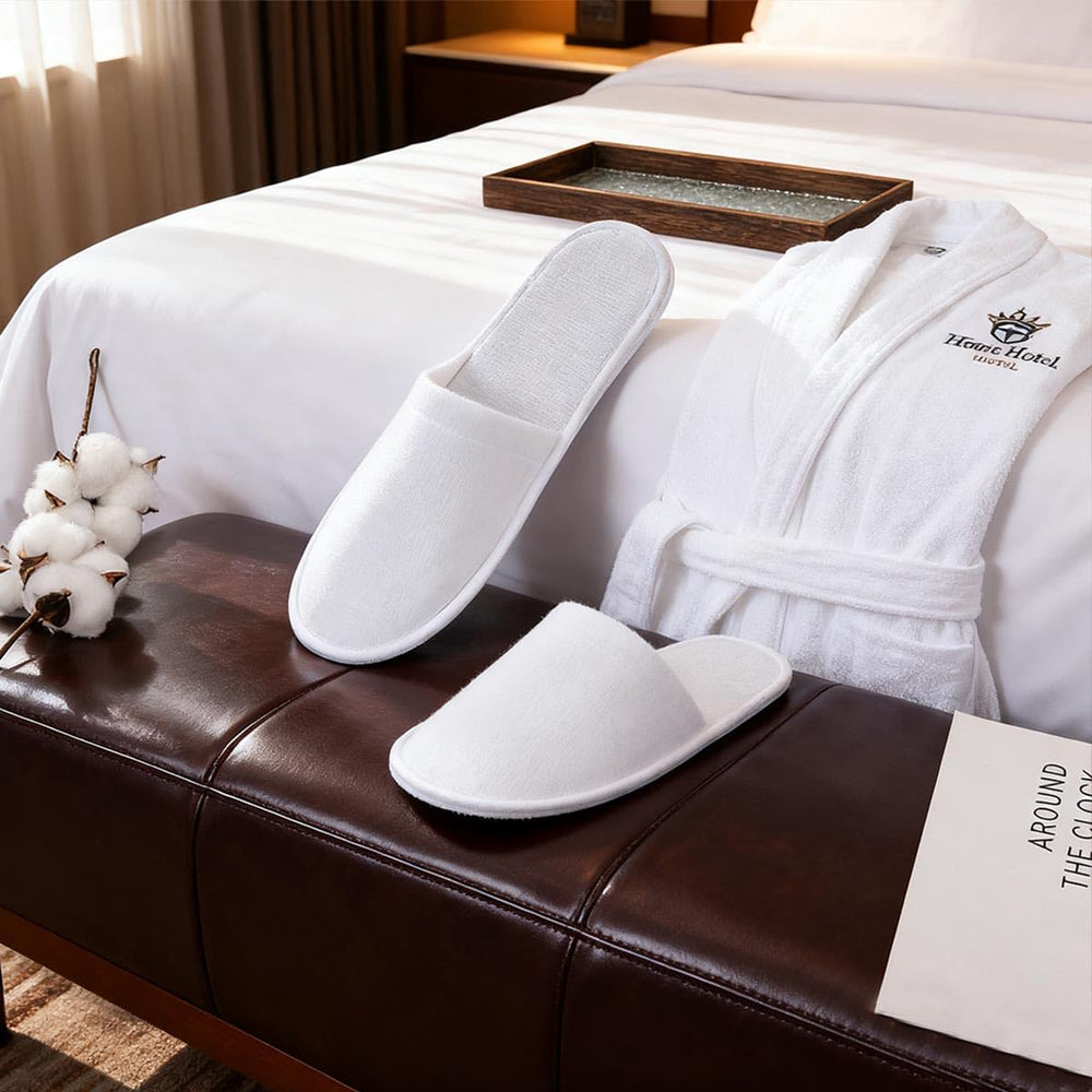 LYARCHTE slipper in hotel room demonstrating ready-to-use guest amenity