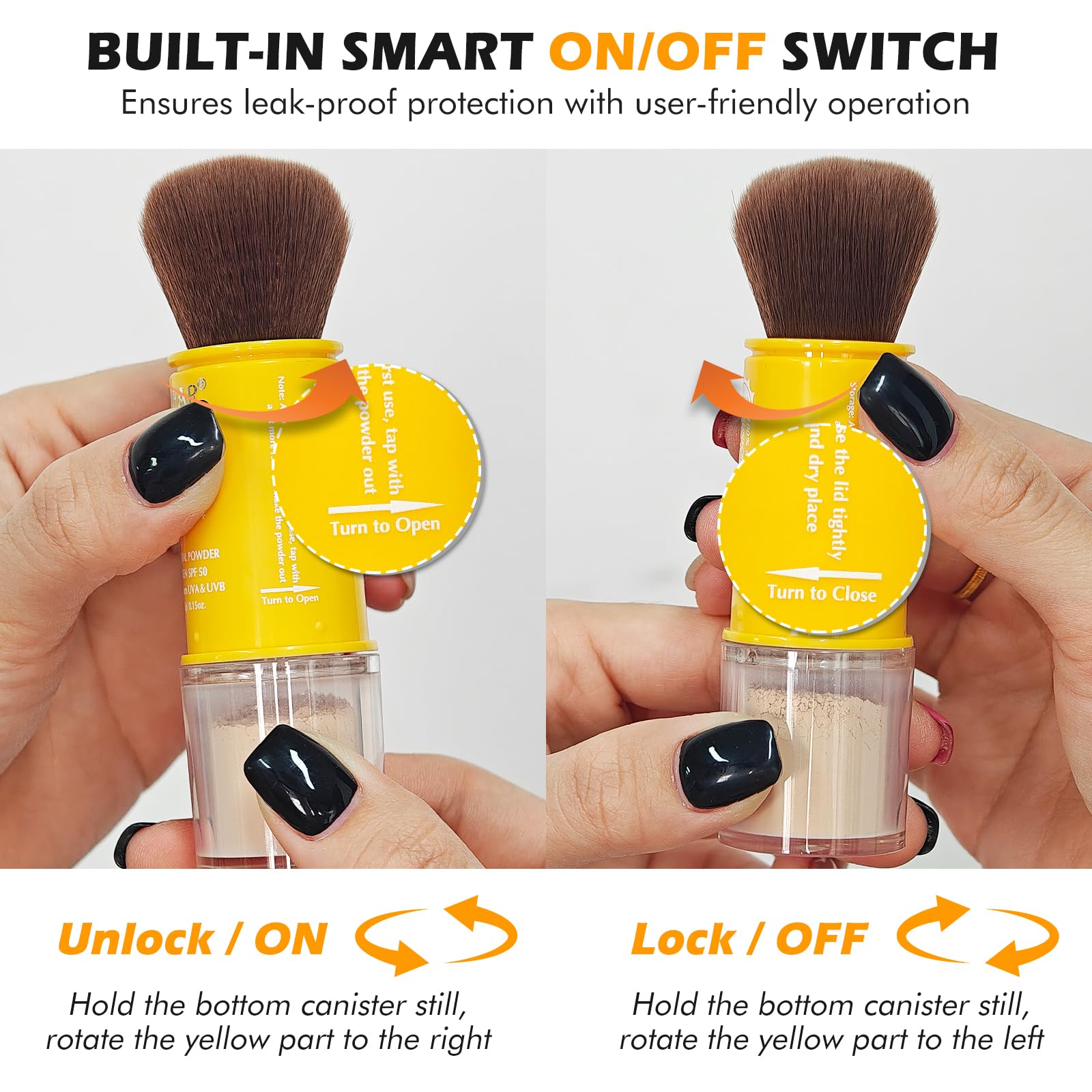 LYBHDAFA angled brush head close-up revealing soft bristles for precise, mess-free powder application