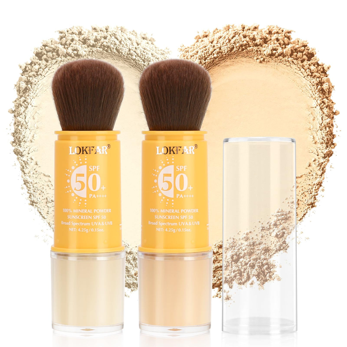 LYBHDAFA front packaging showing compact SPF 50 powder and brush — portable protection