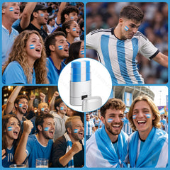 LYBHDAFA painted cheek in stadium setting demonstrating sweat-resistant wear and bold team spirit