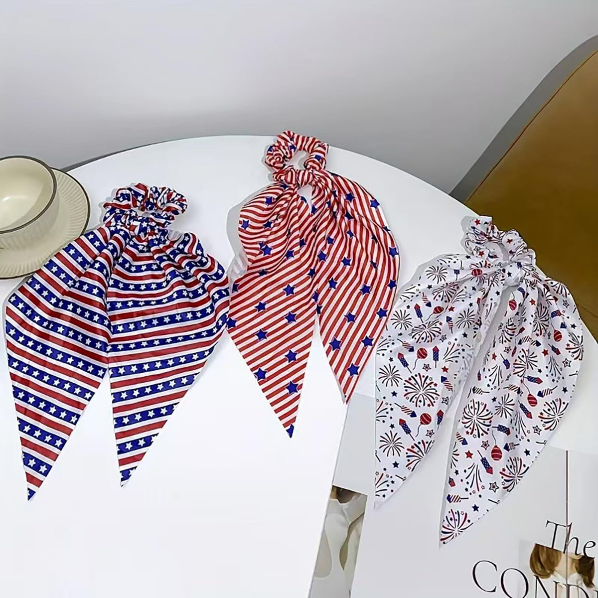 LYLYNB front view of all three patriotic scrunchies showing colors and patterns
