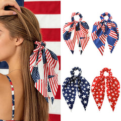 LYLYNB front view of four patriotic scrunchies showing colors and packaging for easy gifting