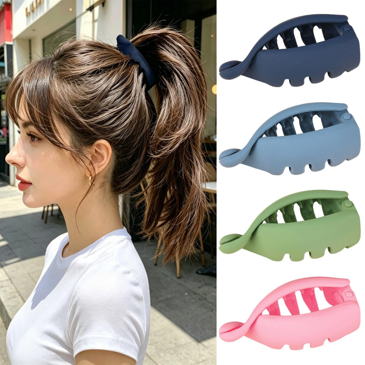 LYLYNB front packaging showing four matte banana clips and everyday convenience