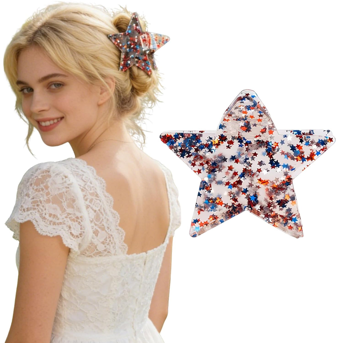 LYLYNB front view of star claw clips showing patriotic colors and glitter benefit: festive accent