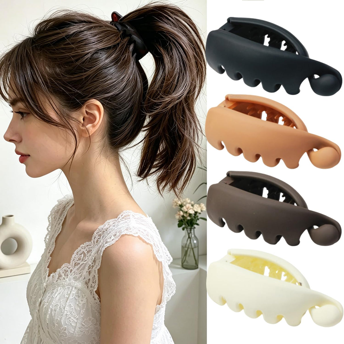 LYLYNB front view of 4 matte banana clips showing compact pack and color