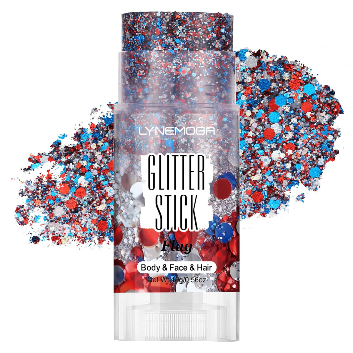 LYNEMOGA front view glitter stick showing red white blue stars and easy application