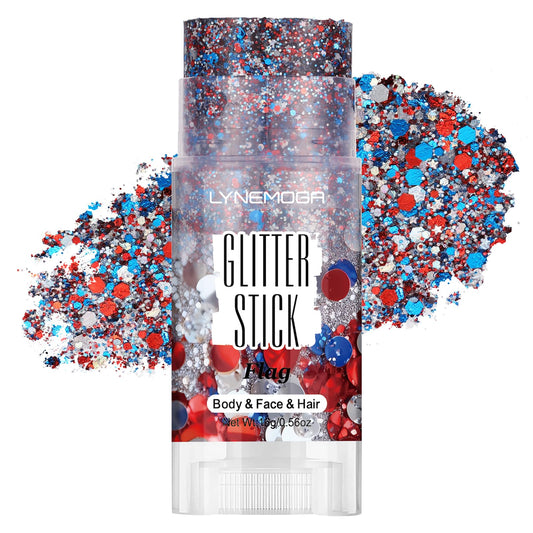 LYNEMOGA front view glitter stick showing red white blue stars and easy application