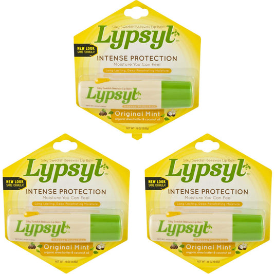 Lypsyl mint three-pack front view showing packaging and portability benefit