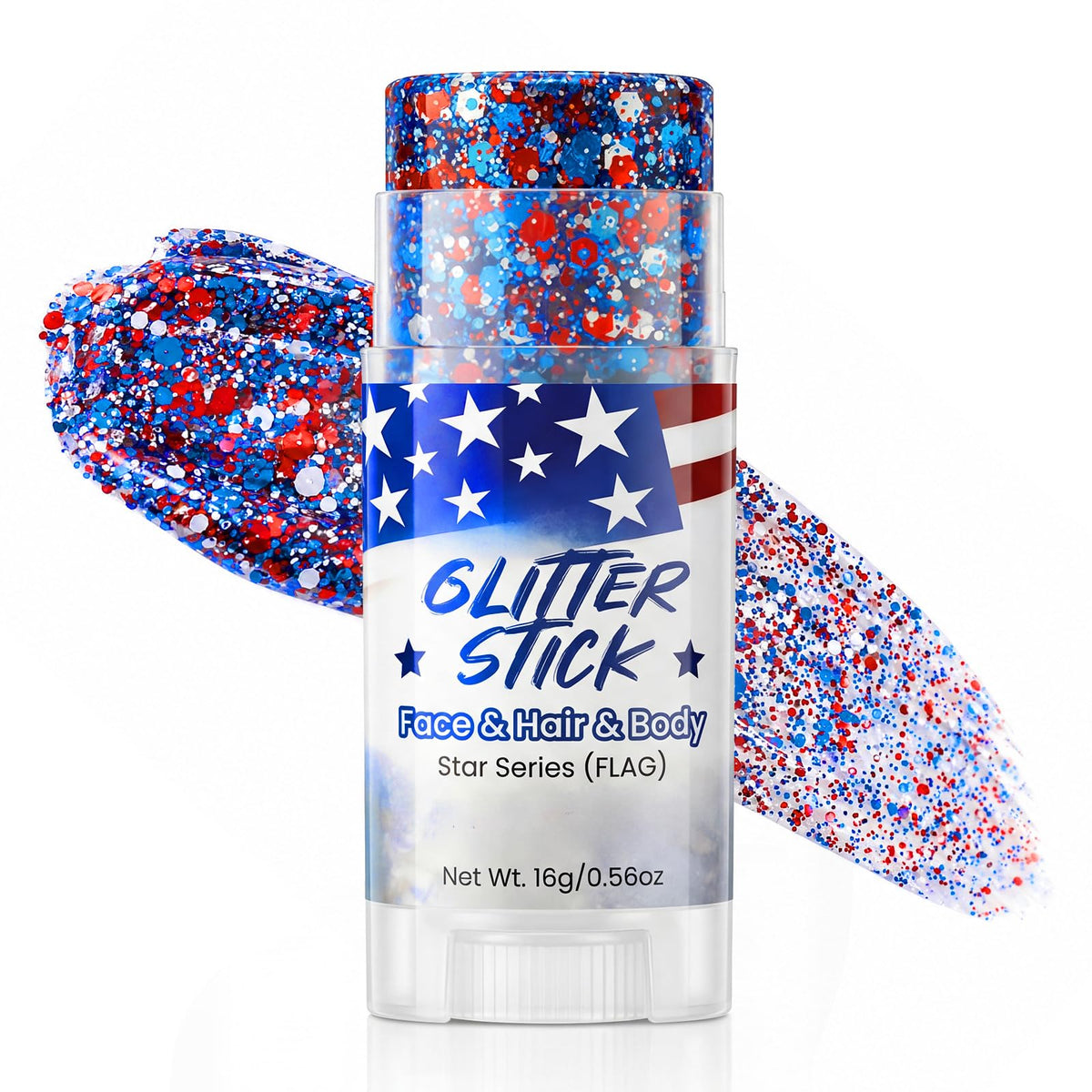 LYRADEW front packaging glitter stick showing patriotic colors and easy twist applicator