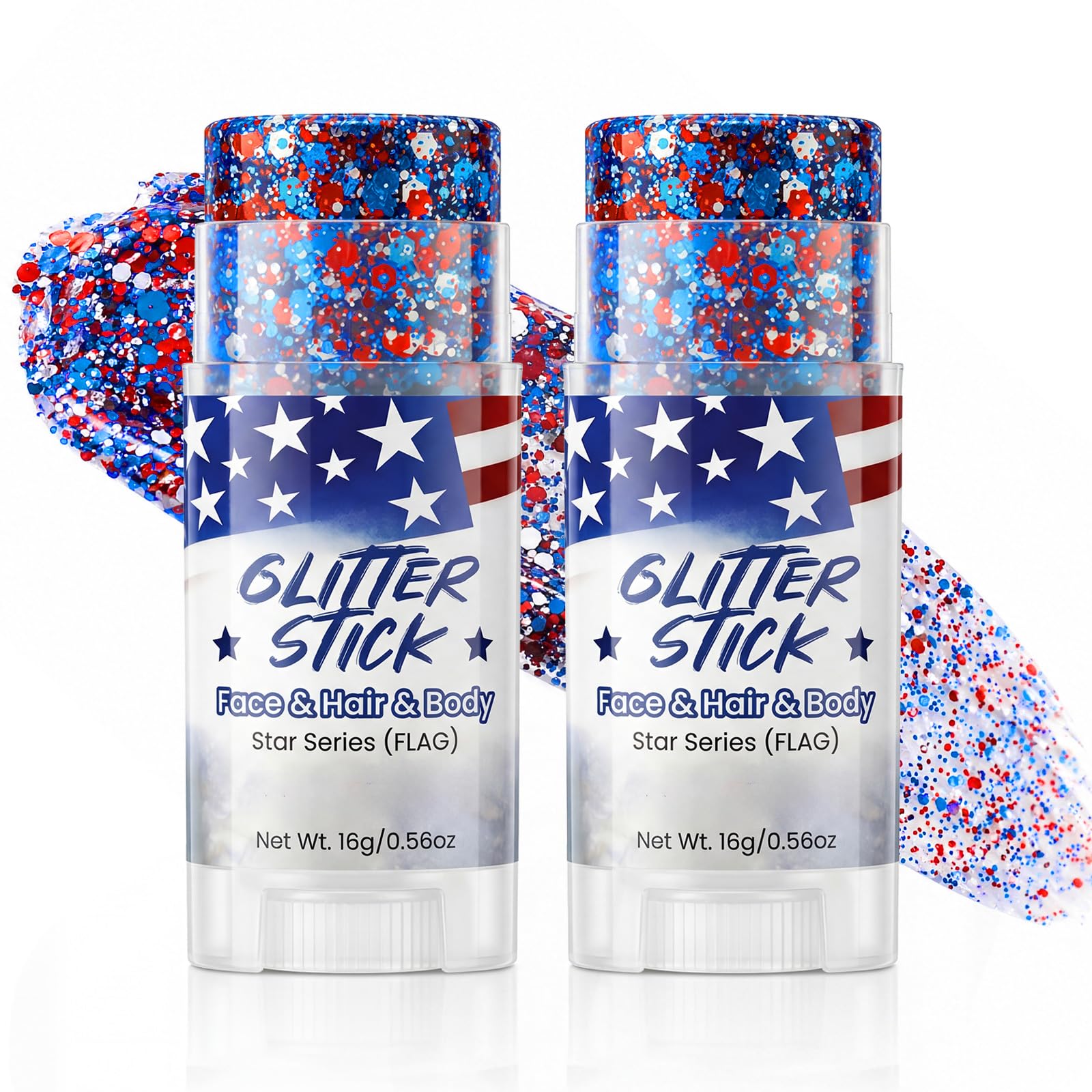 LYRADEW front view of two patriotic glitter sticks adds instant holiday sparkle