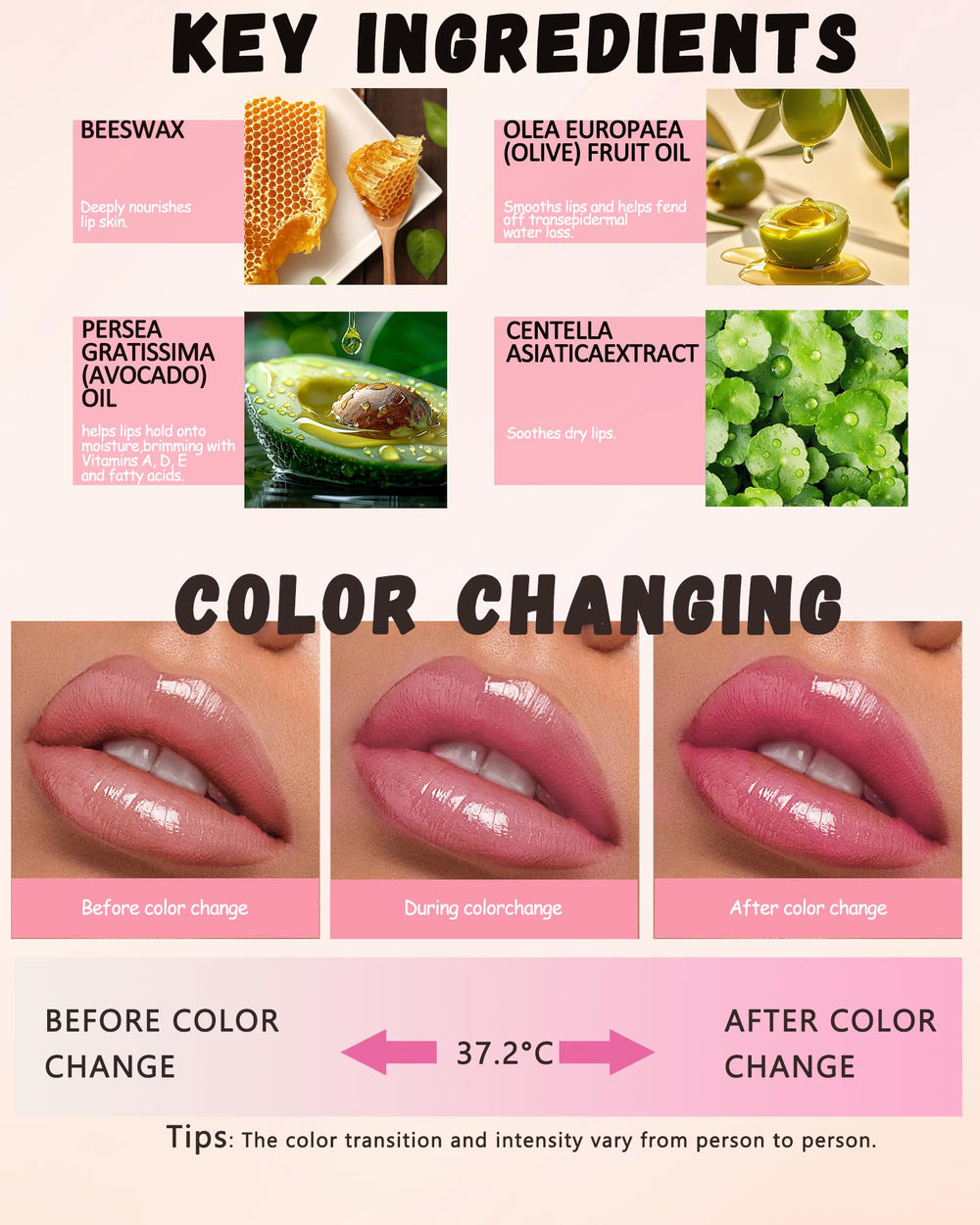 LYSdefeu applied on lips before and after showing customized pink tint
