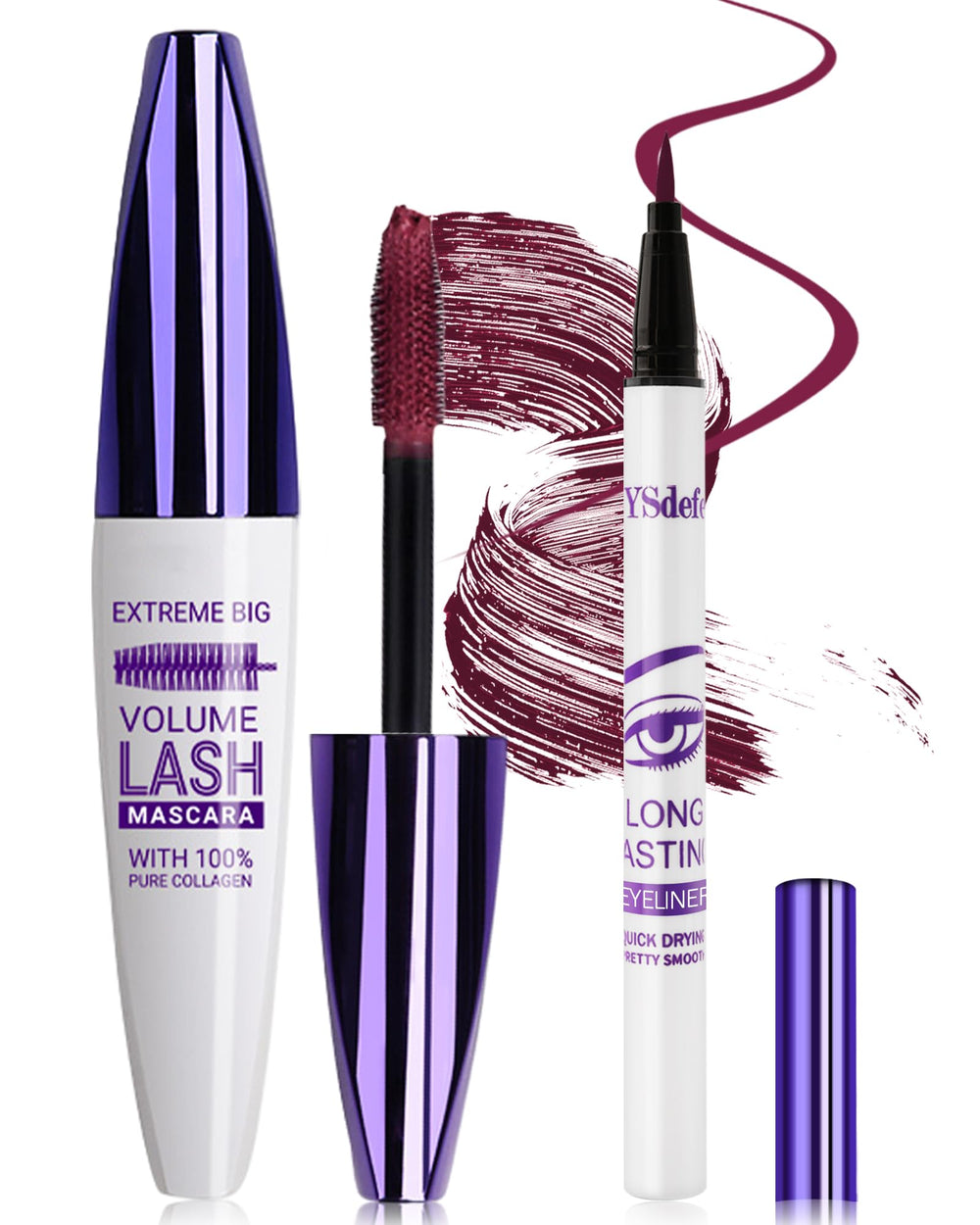 LYSdefeu front packaging of burgundy mascara and eyeliner set, shows coordinated color benefit