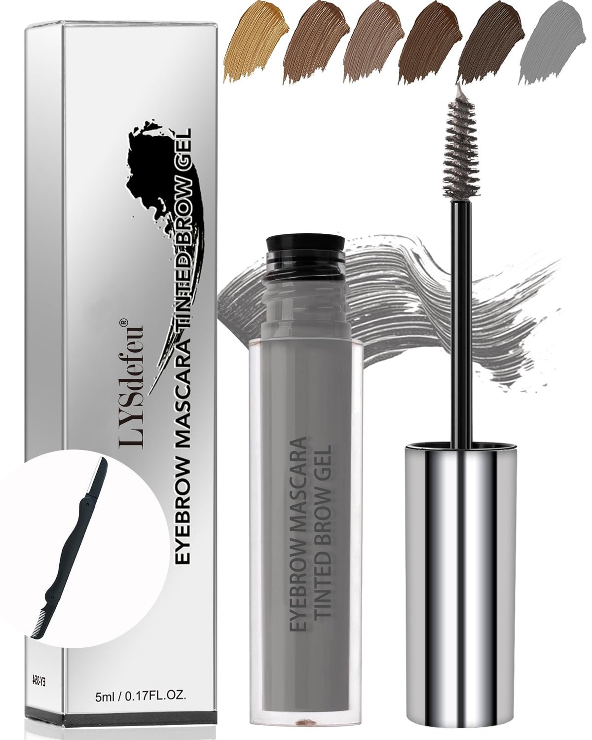 LYSdefeu front packaging showing cold gray brow gel, reliable daily hold
