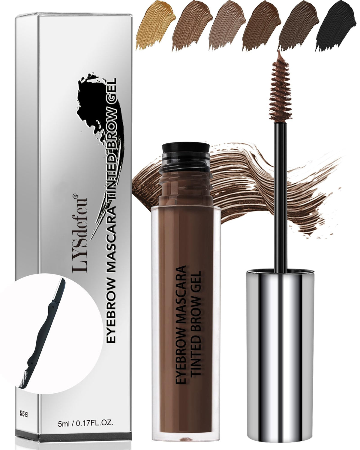 LYSdefeu front tube showing shade 04 Dark Brown and benefits