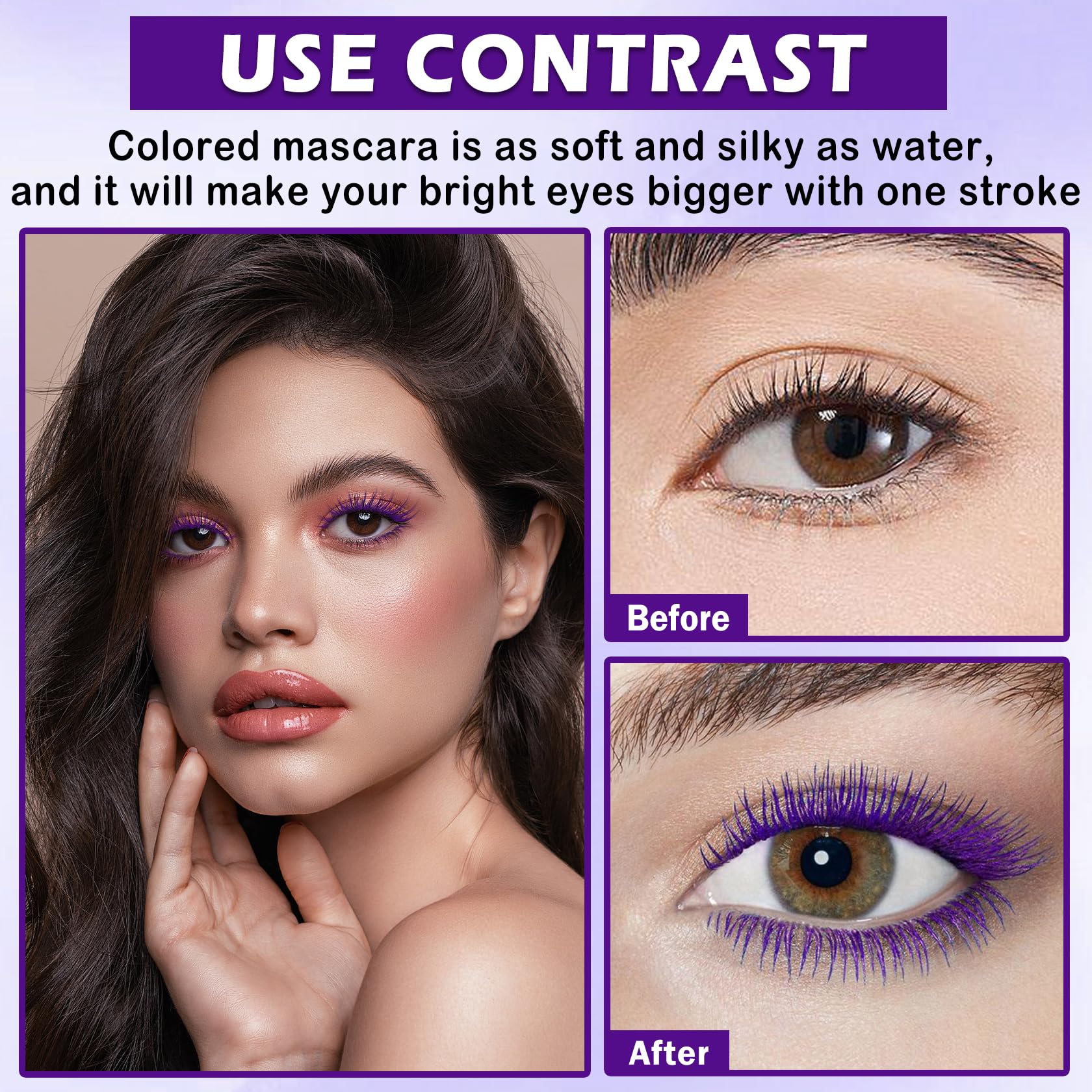 LZXLUKGIR purple mascara swiped on lashes for visible length