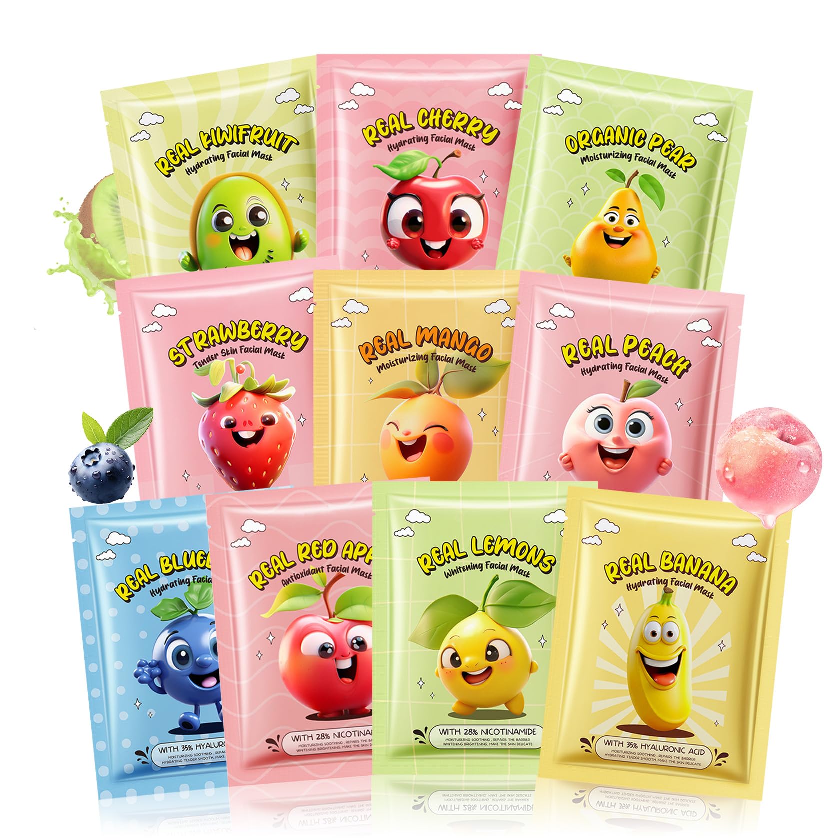 LZXLUKGIR front packaging showing ten colorful fruit mask sachets, great for gifts