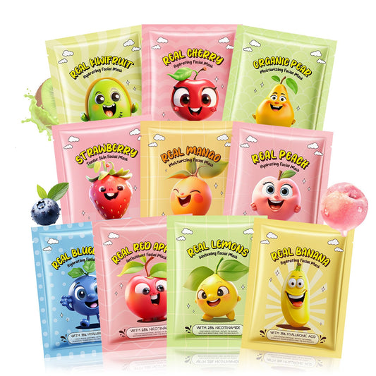 LZXLUKGIR front packaging showing ten colorful fruit mask sachets, great for gifts