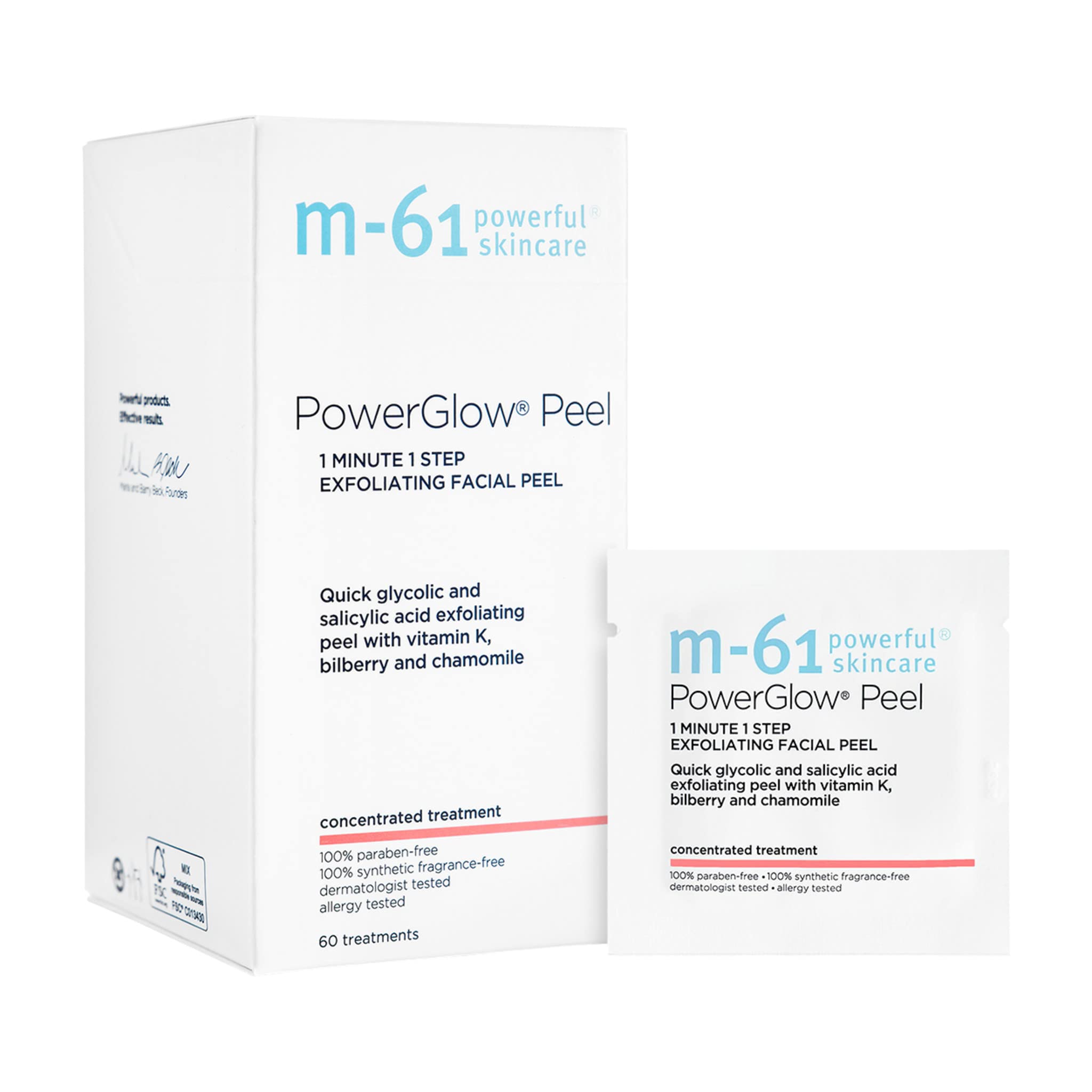 m-61 poweglow peel front packaging showing product and benefit quick exfoliation