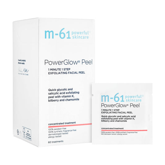 m-61 poweglow peel front packaging showing product and benefit quick exfoliation