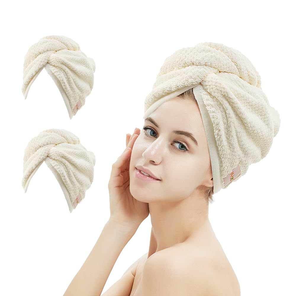 M-bestl beige turban front view showing compact, quick-dry design