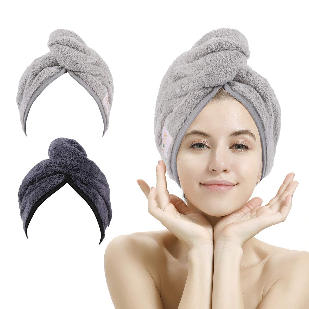 M-bestl front view of two gray microfiber hair towels, quick drying benefit