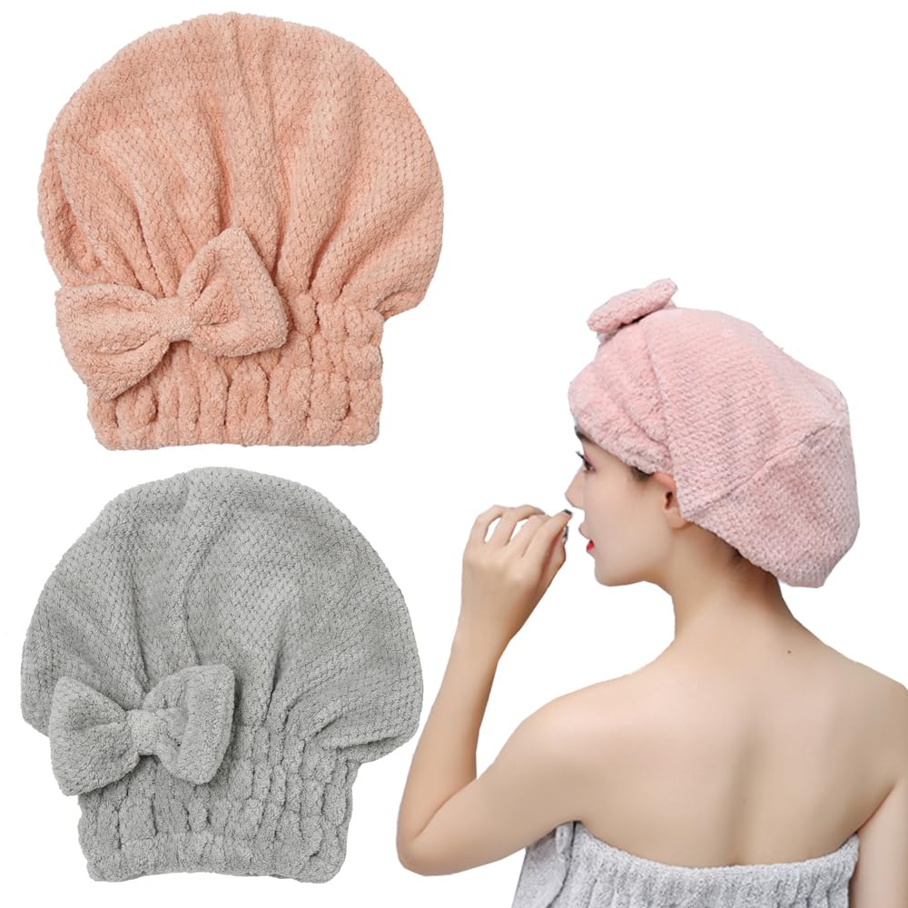 M-bestl front view of pink and gray towel caps showing compact pack for quick-dry convenience
